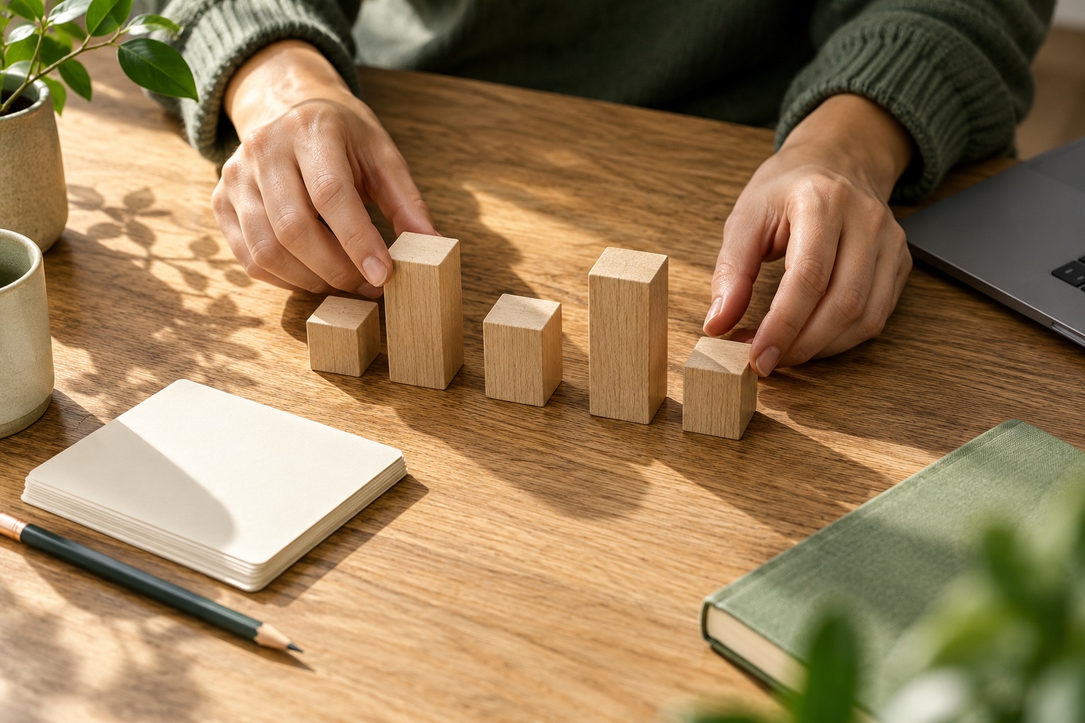 Des blocs de bois distincts sont disposés à côté d’un carnet.