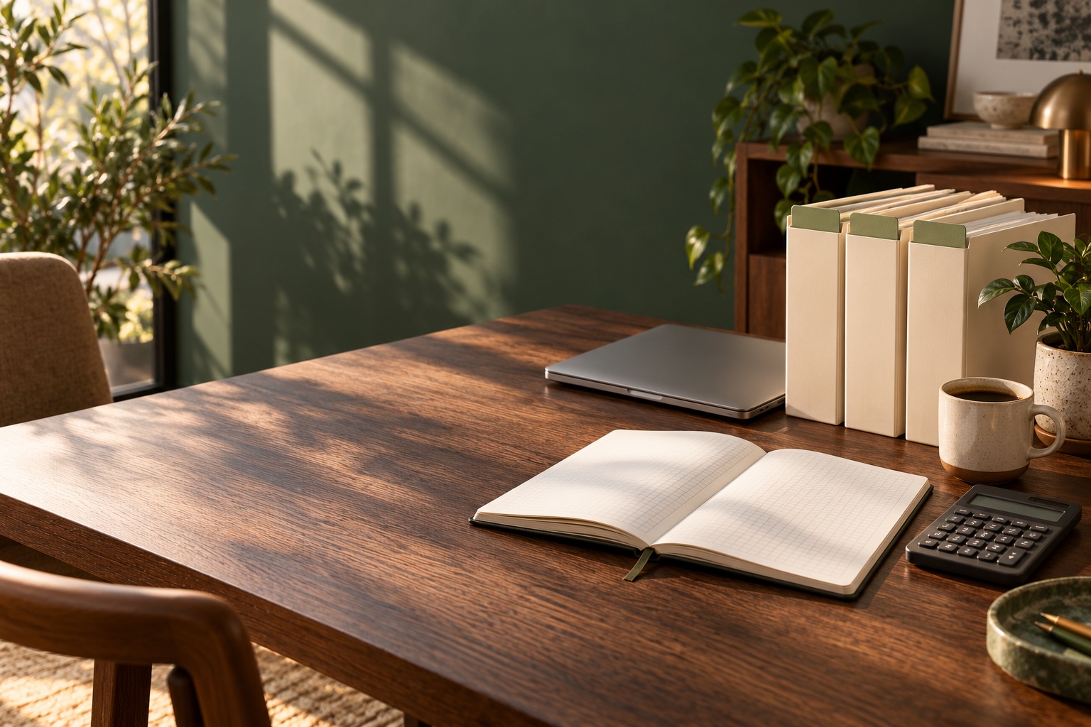 Carnet, calculatrice et dossiers de projet disposés sur un bureau.