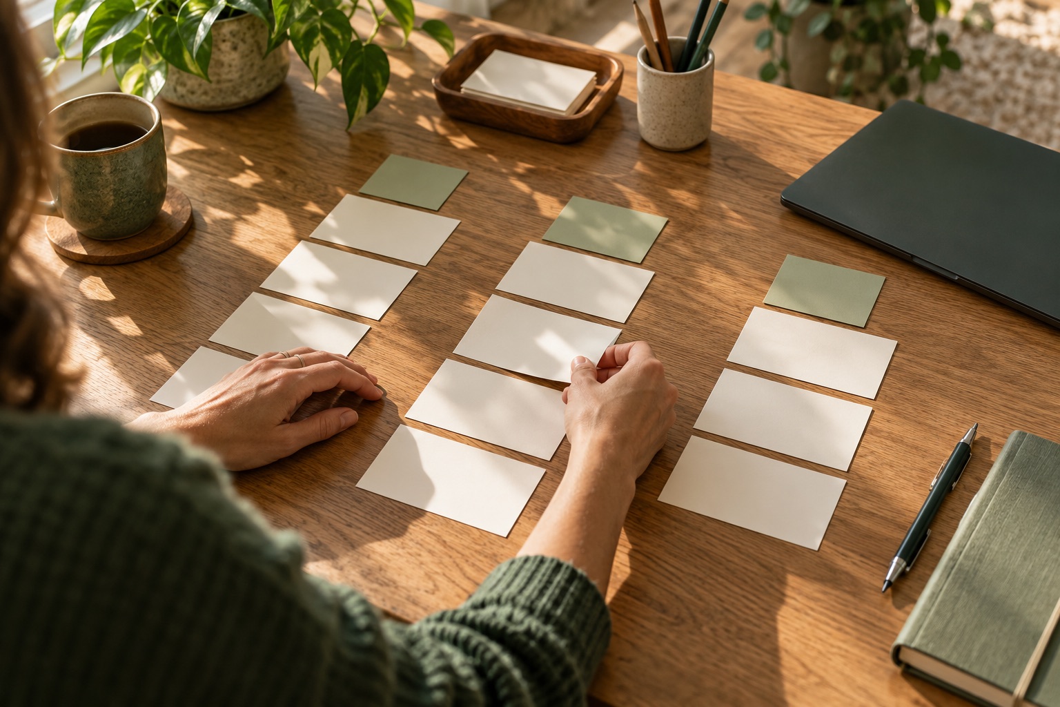Des cartes vierges sont réparties en trois colonnes sur une table.
